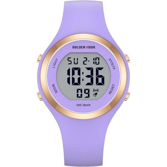 Unisex Purple Silicone Digital Sports Gold Bezel Water-Resistant Alarm Stopwatch main image 5
